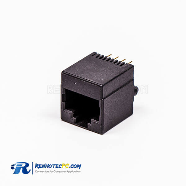 RJ45 Female 180 Degree Connector 1 Port 4P Black Gold Plated Unshield Without LED