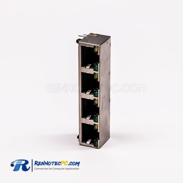 4 Port RJ45 Connector Female 90° Straight 8P with Shield With LED for PCB