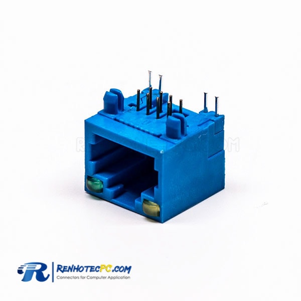 Female RJ45 Connector 1 Port 90 Degree Blue without Shield and With LED for PCB