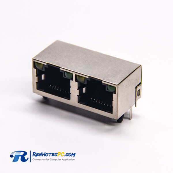 Dual RJ45 Connector PCB DIP Type Right Angled with LED Shielded 1x2 Port