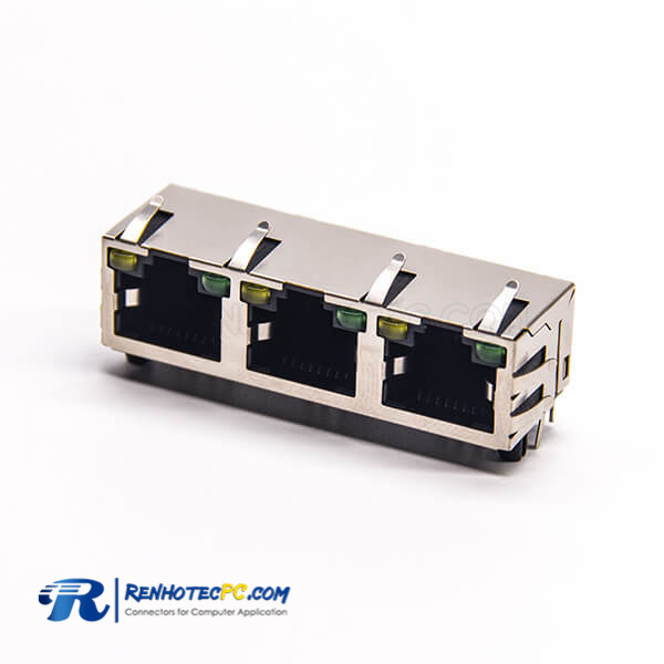RJ45 Right Angle Connector 8P8C 3 Port Through Hole with LED EMI for PCB Mount
